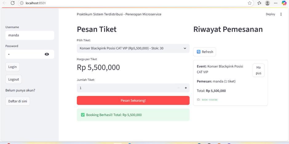 Tampilan sistem pemesanan tiket konser